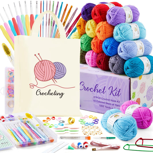 Inscraft Crochet Yarns Kit for Beginners Adults, 18 Acrylic Yarns Set for Crocheting, 1800 Yards Knitting Yarn Bag Kit, 105 Crochet Accessories Set