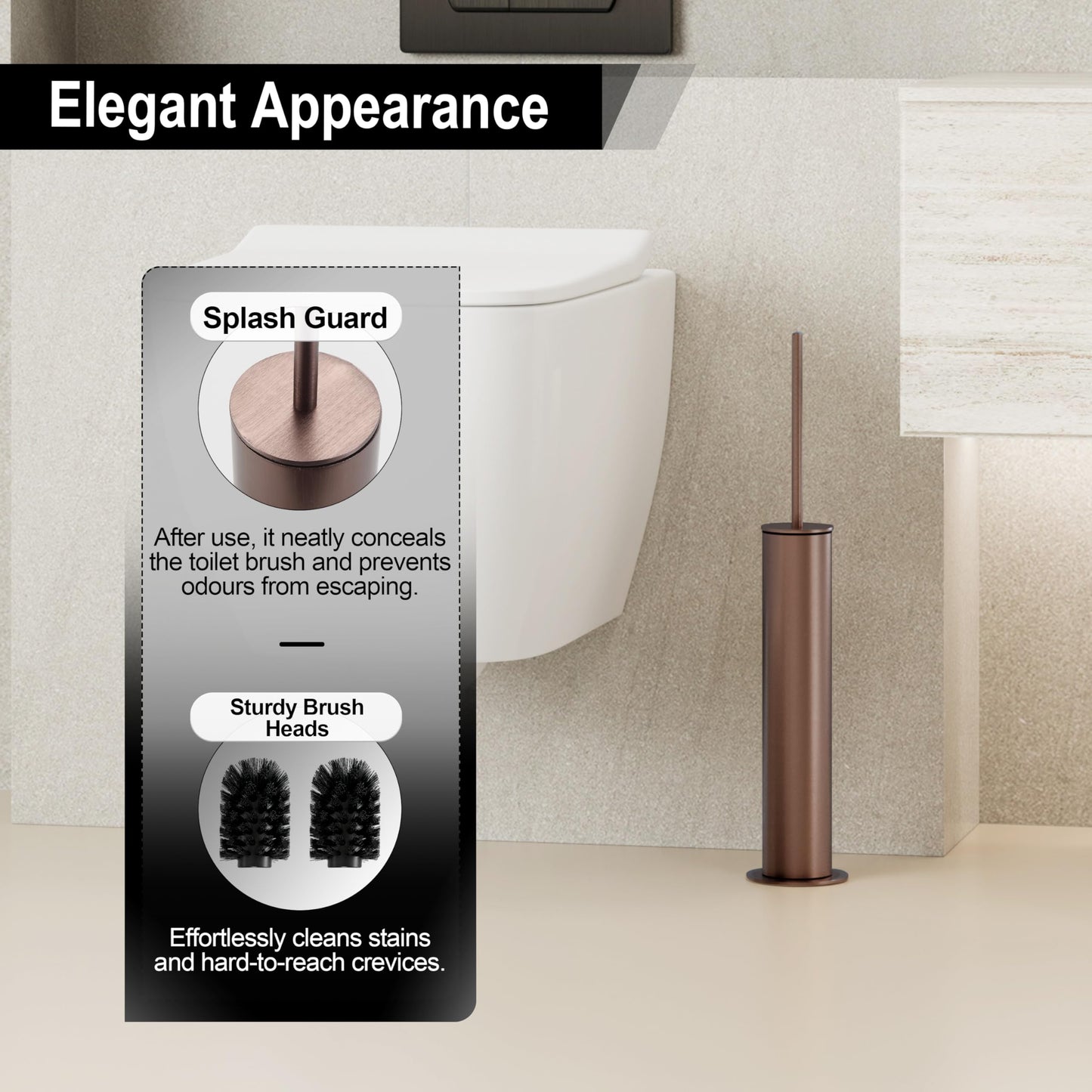 BVL Toilet Brush Rose Gold, Metal Toilet Brush Including 2 Brush Heads, Slim Design Toilet Brush Round for the Bathroom