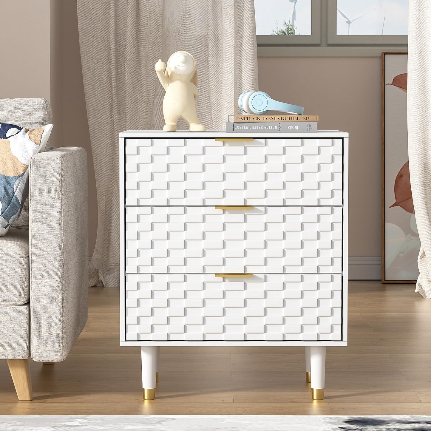 Yvsevnr Bedside Table with 3 Drawers, Bed Side Table for Bedroom, Living Room, Study, Bas-relief Nightstand, Small Chest of Drawers, Anti-Tipping