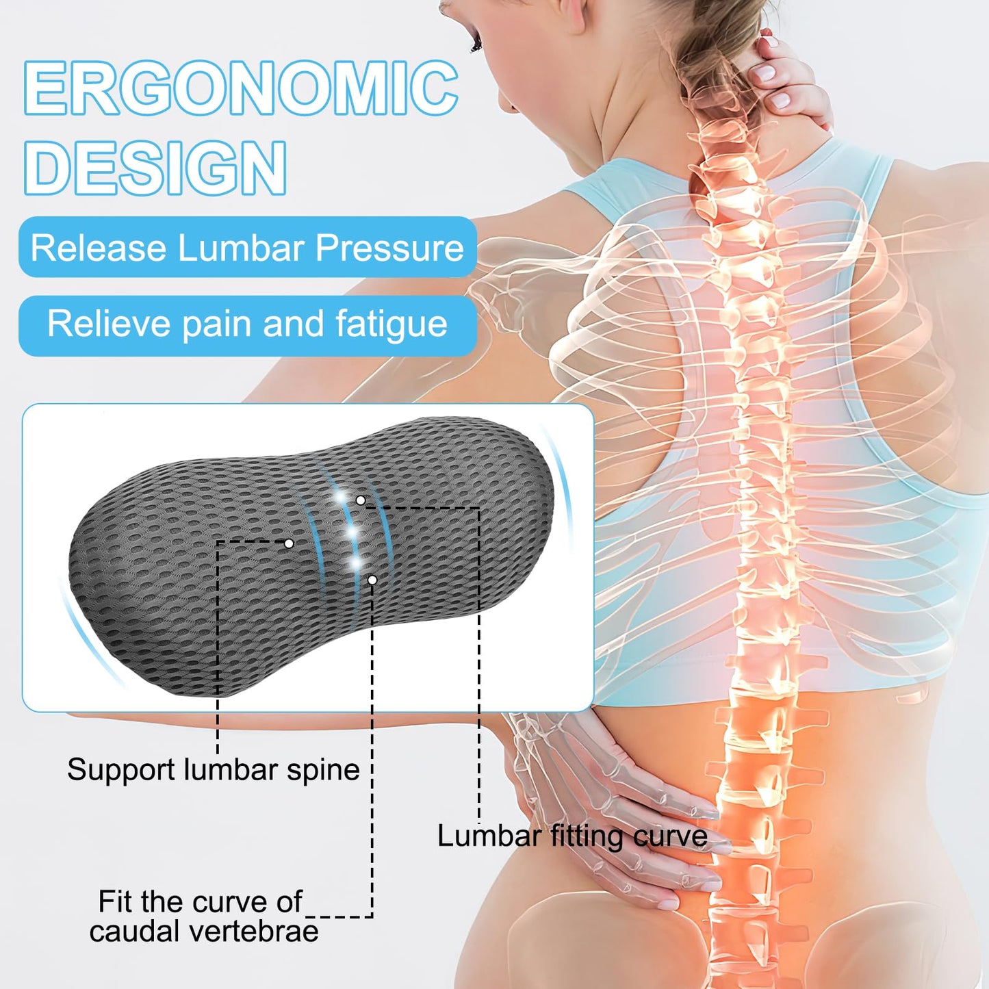 DAWRIS Lumbar Support Memory Foam Pillow, Lumber Support Cushions with Detachable Elastic Strap for Car Office Chair