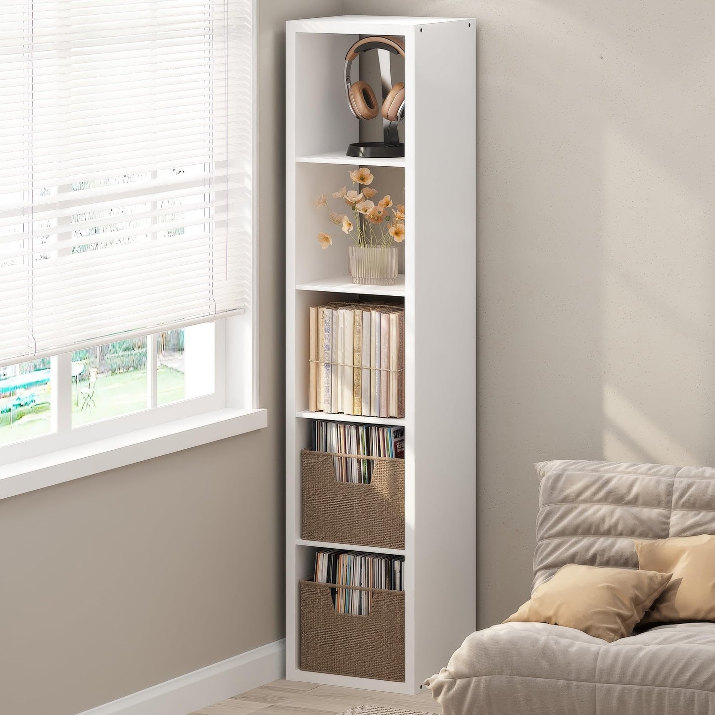 Furinno CUBICLE Record Player Stand with Vinyl Storage, 5-Cube 1.2 Extra Thick Vinyl Record Storage