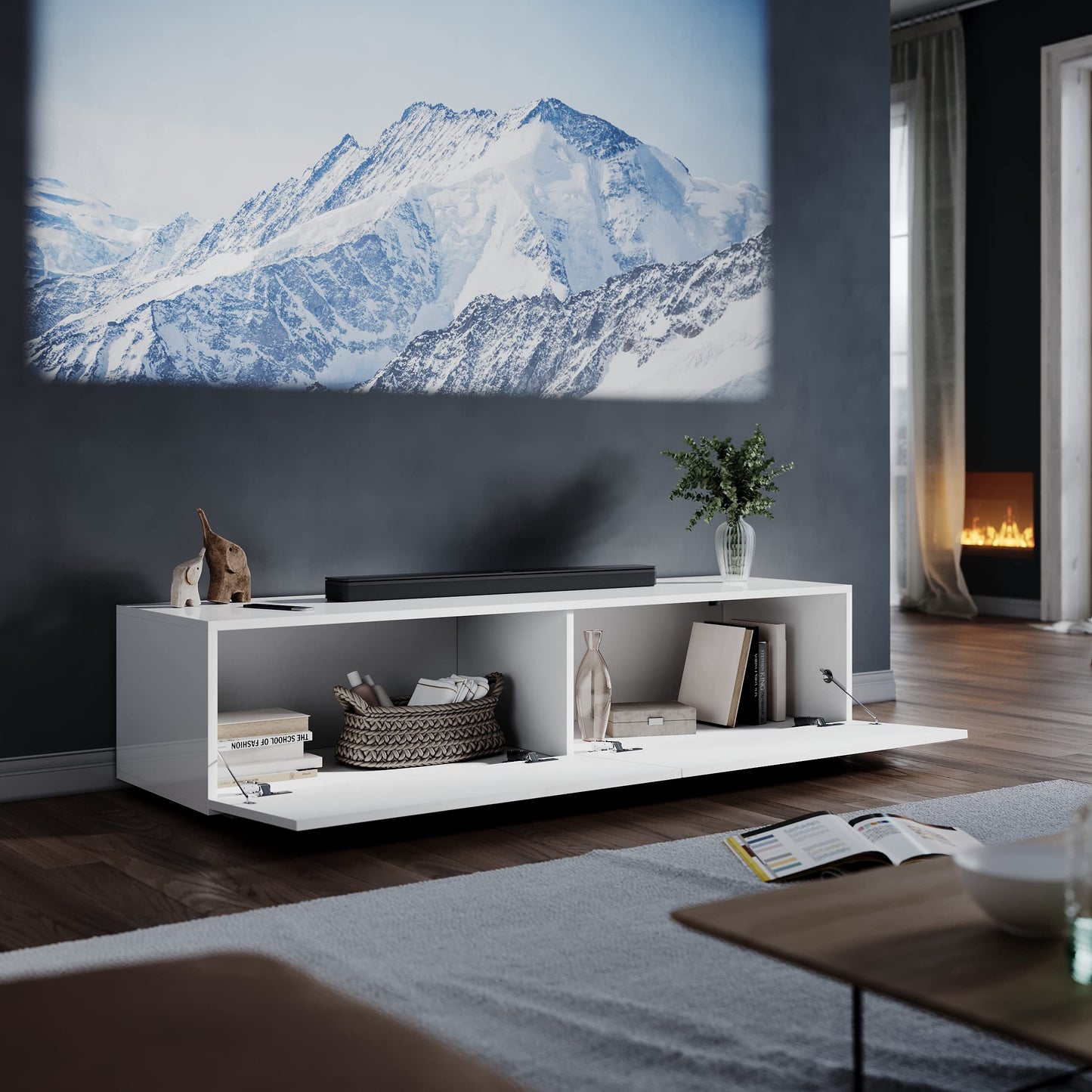 ELEGANT Gloss White Floating TV Unit Cabinet 140x30x40mm