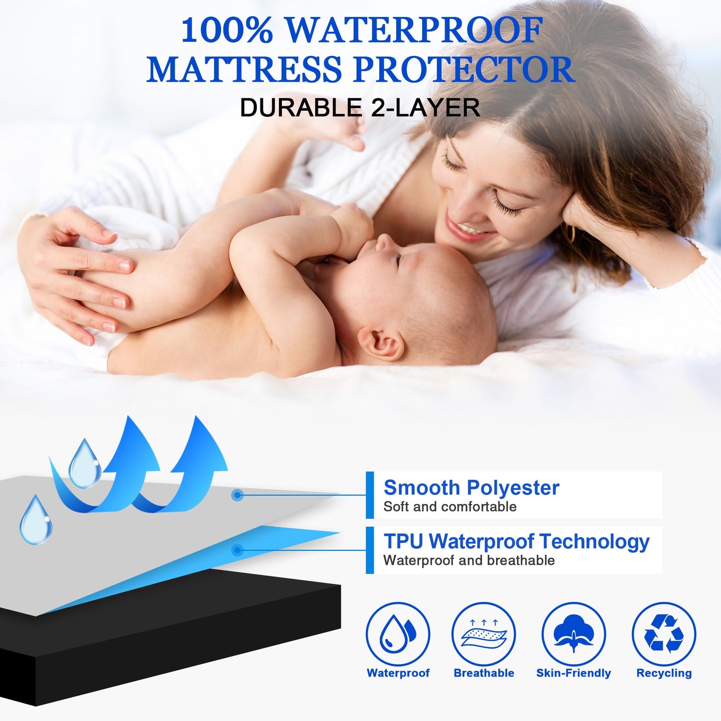 Sufdari Waterproof Mattress Protector double,150x200cm Mattress Cover for Bed,30cm Deep Pocket Fitted Sheet Style Mattress Protector with Elastic