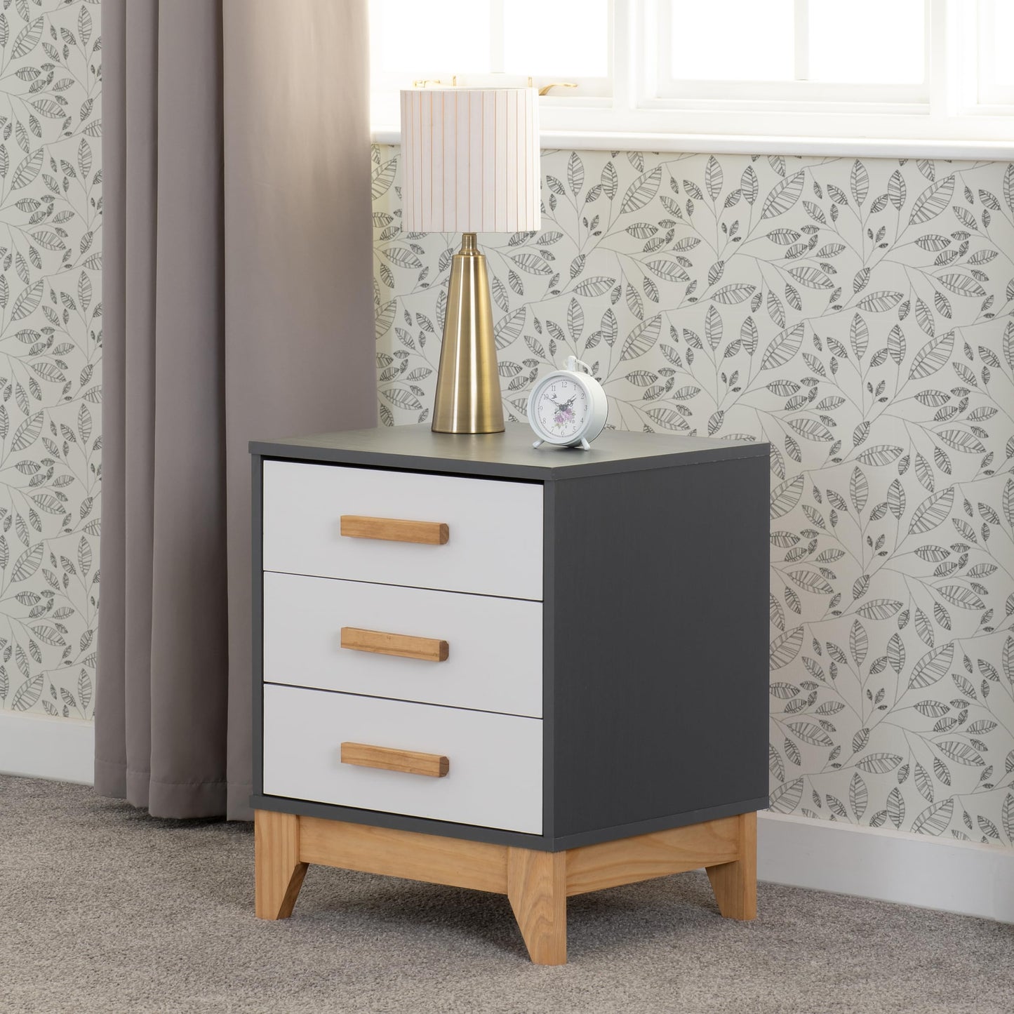 Seconique Cleveland 3 Drawer Bedside in White/Grey Metal Effect