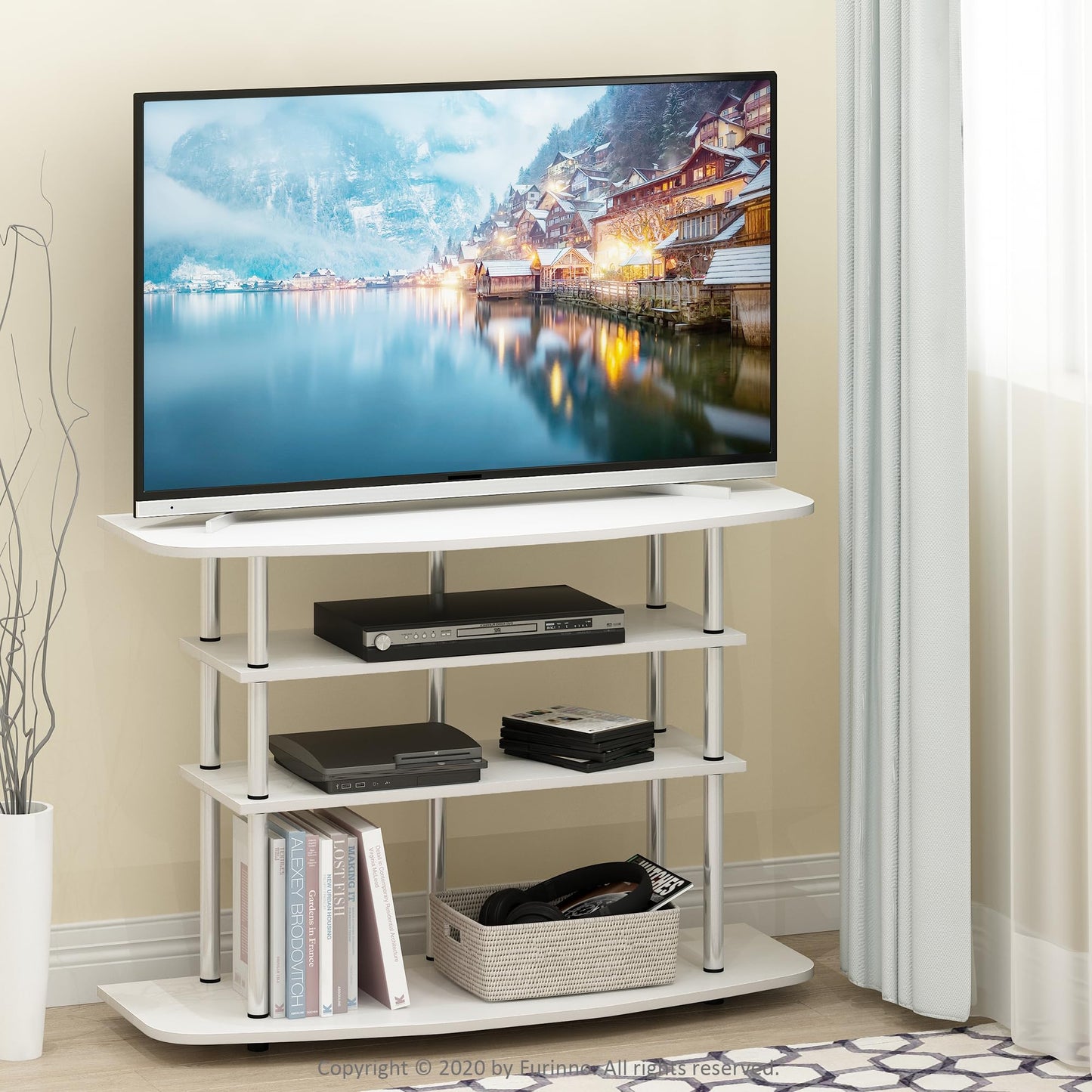 Furinno TURN-N-TUBE TV Stand, 4-Tier Entertainment Center, TV Console for TV up to 46 Inch, for Living Room, Bedroom, White Oak