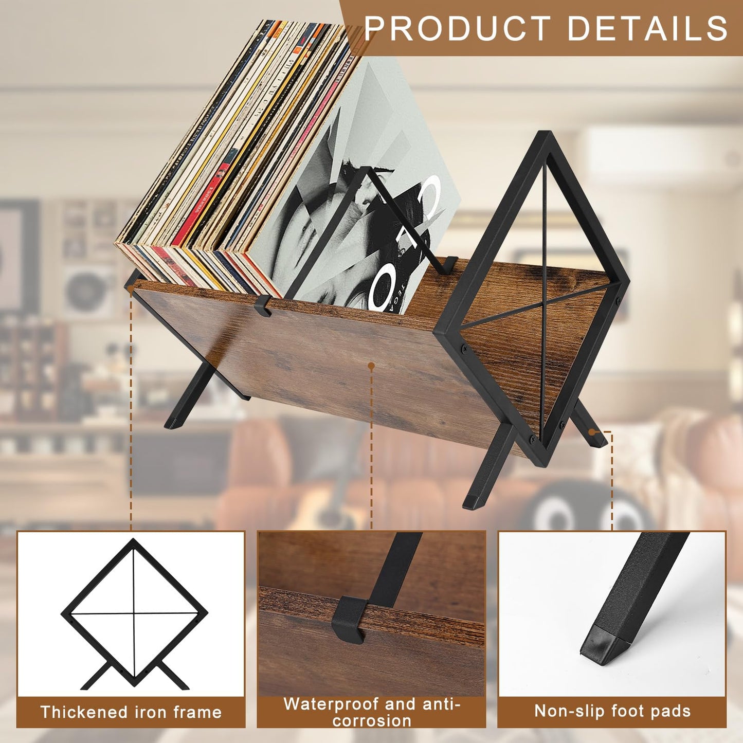 Rzspher Vinyl Record Storage Rack, 80-100 LP Vinyl Record Holder with Anti-Slip Mat, Wooden Record Shelf with Adjustable Divider for Album, CDs