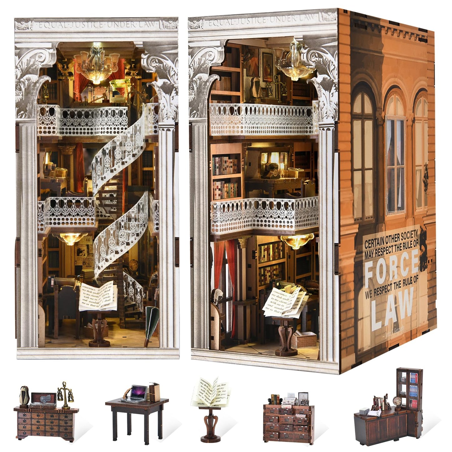 MiniCity 3D Wooden Puzzle Bookend Bookshelf Insert Decor with LED Light for Teens and Adults