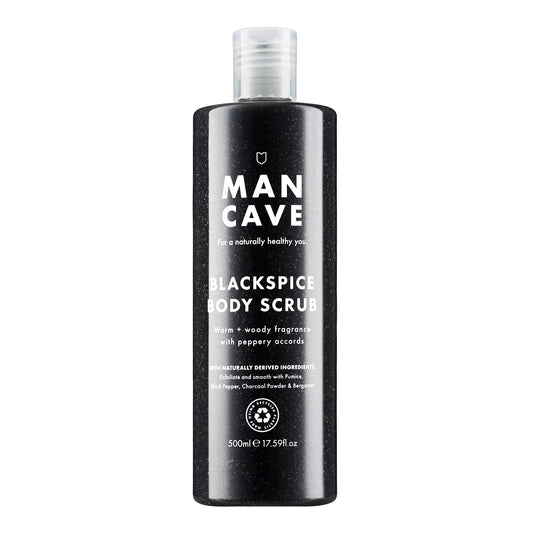 ManCave Blackspice Body Scrub 500ml for Men, Warm & Woody Aroma, Exfoliate & Cleanse Skin with Pumice and Charcoal Powder Scrub, Natural Formulation,