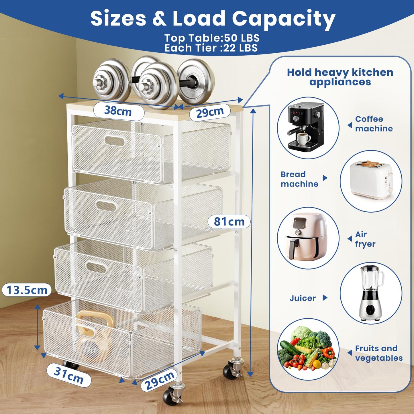 WELDUN Rolling Cart with Drawers, 4-Tier Craft Storage Cart with Lockable Wheels, Metal Storage Drawer Cart Craft Organizer Art Cart for Kitchen