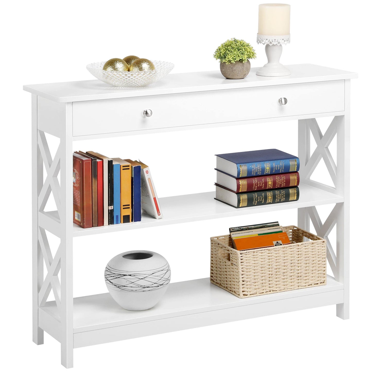 Yaheetech Console Table, Drawer & Shelves, 99.8 × 29.8 × 80 cm, White