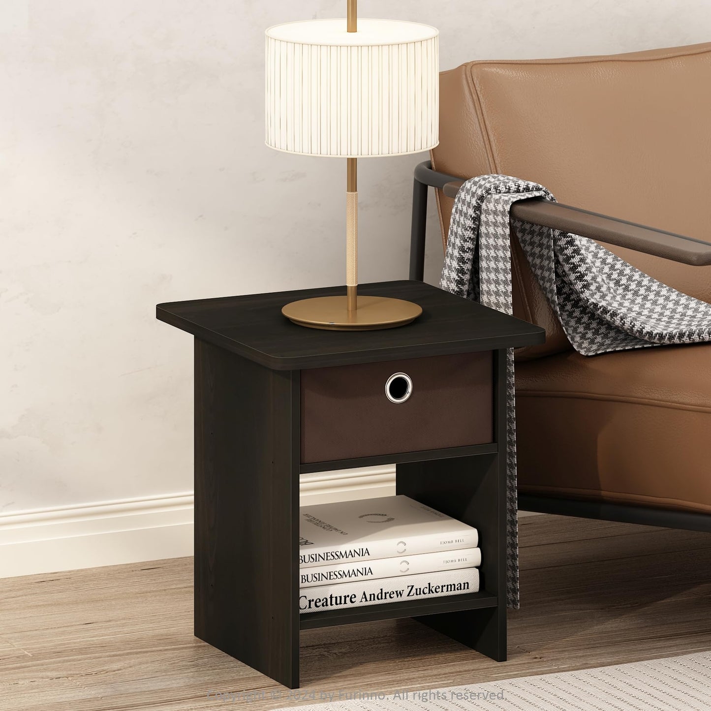 Furinno MODERN Side Table, Square End Table with Storage Bin, Round Corner Night Stand, Bedside Table with Storage Shelf, for Living Room, Bedroom