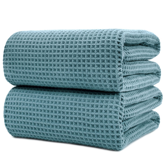 POLYTE Microfibre Quick Dry Lint Free Bath Sheet, 89 x 178 cm, Set of 2 (Green, Waffle Weave)