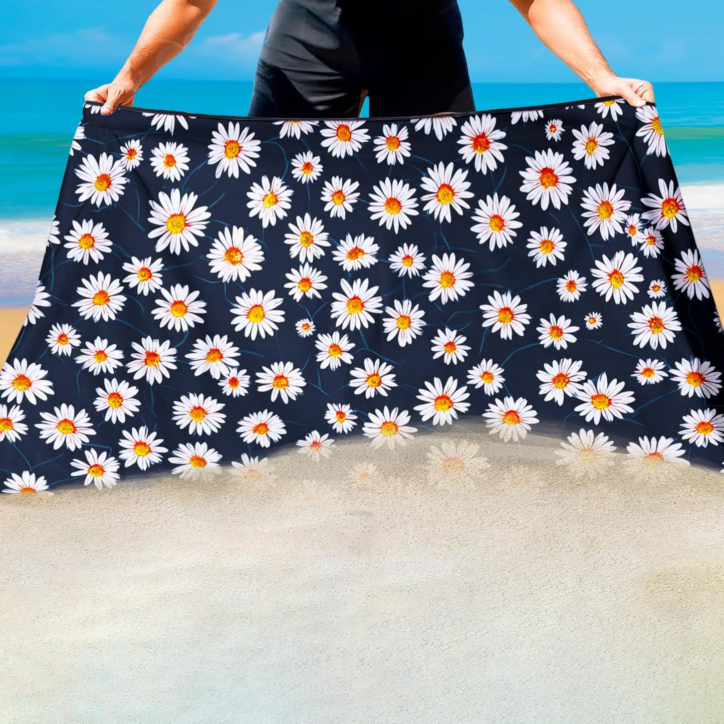 Violetpos Daisy Print Beach Towel, Extra Large 180x90 cm 250GSM Microfibre, Sand Free Quick Dry