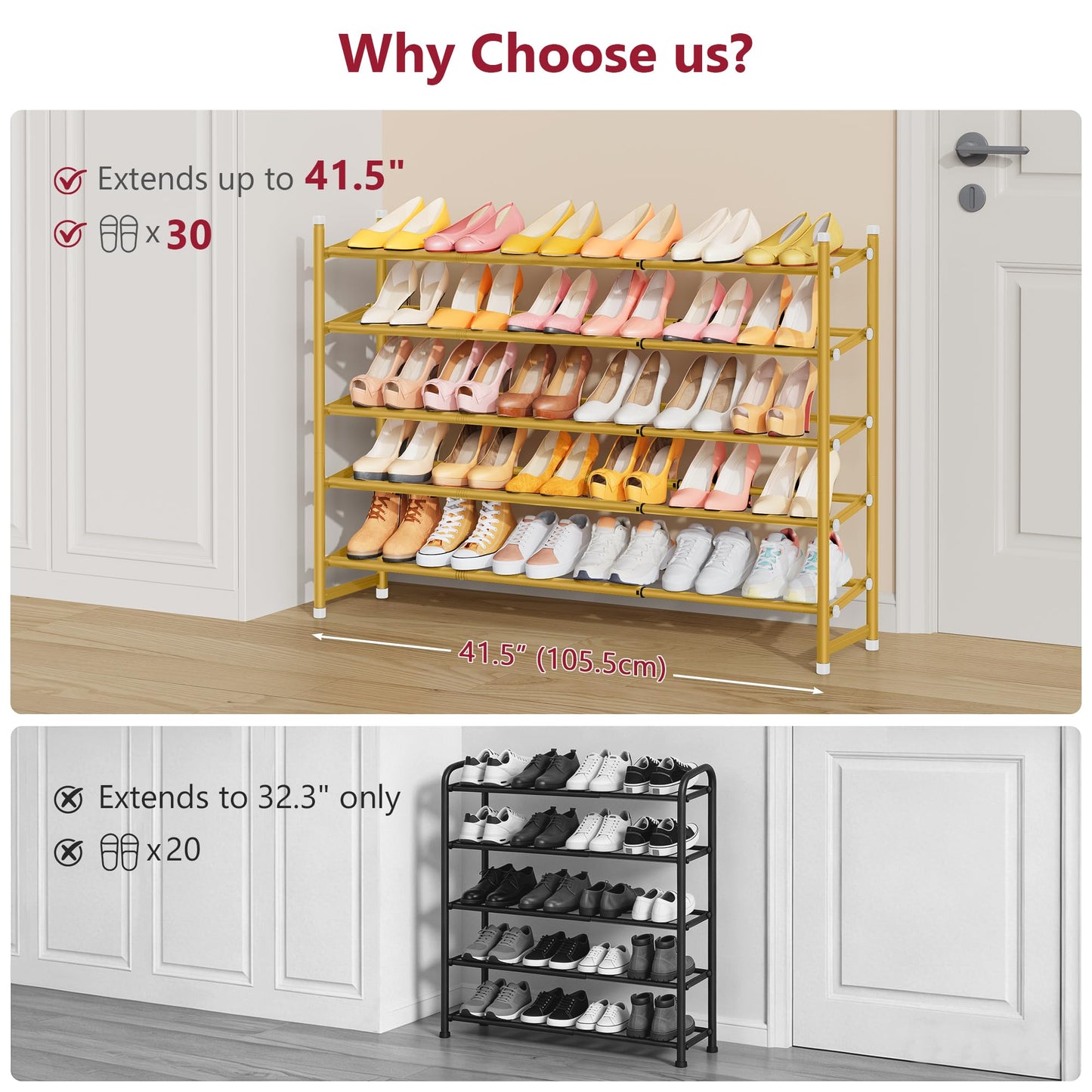 Tajsoon Expandable Shoe Rack for Closet 5 Tier, 29“-41“Adjustable & Stackable Shoe Shelf Storage, Metal Shoe Rack Organizer for Front Door Entrance