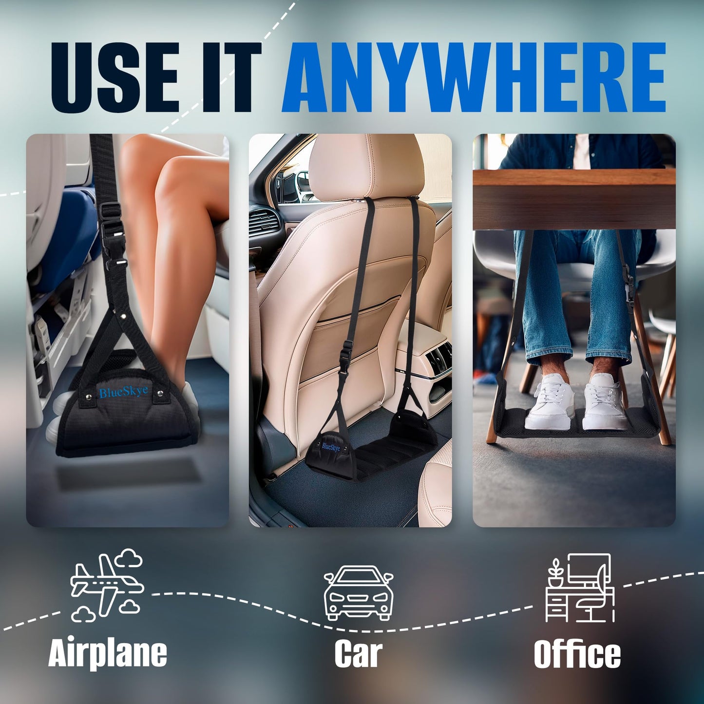 Flat Travel Foot Rest Portable Adjustable Folding Hanging Foot Hammock - for Airplane, Office, Under Desk, Car