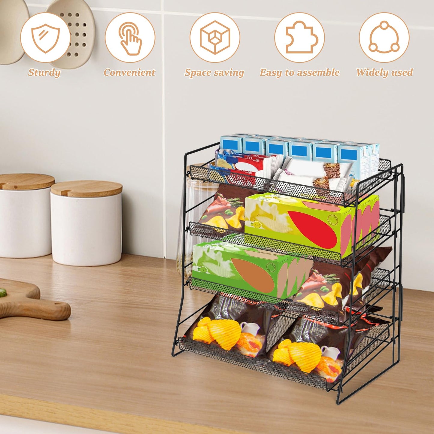 BUTORY 4 Tier Candy Display Rack Stackable Organiser for Snacks Compact Easy to Assemble Countertop Chip Rack Display Stand Chip Bag Holder Snack