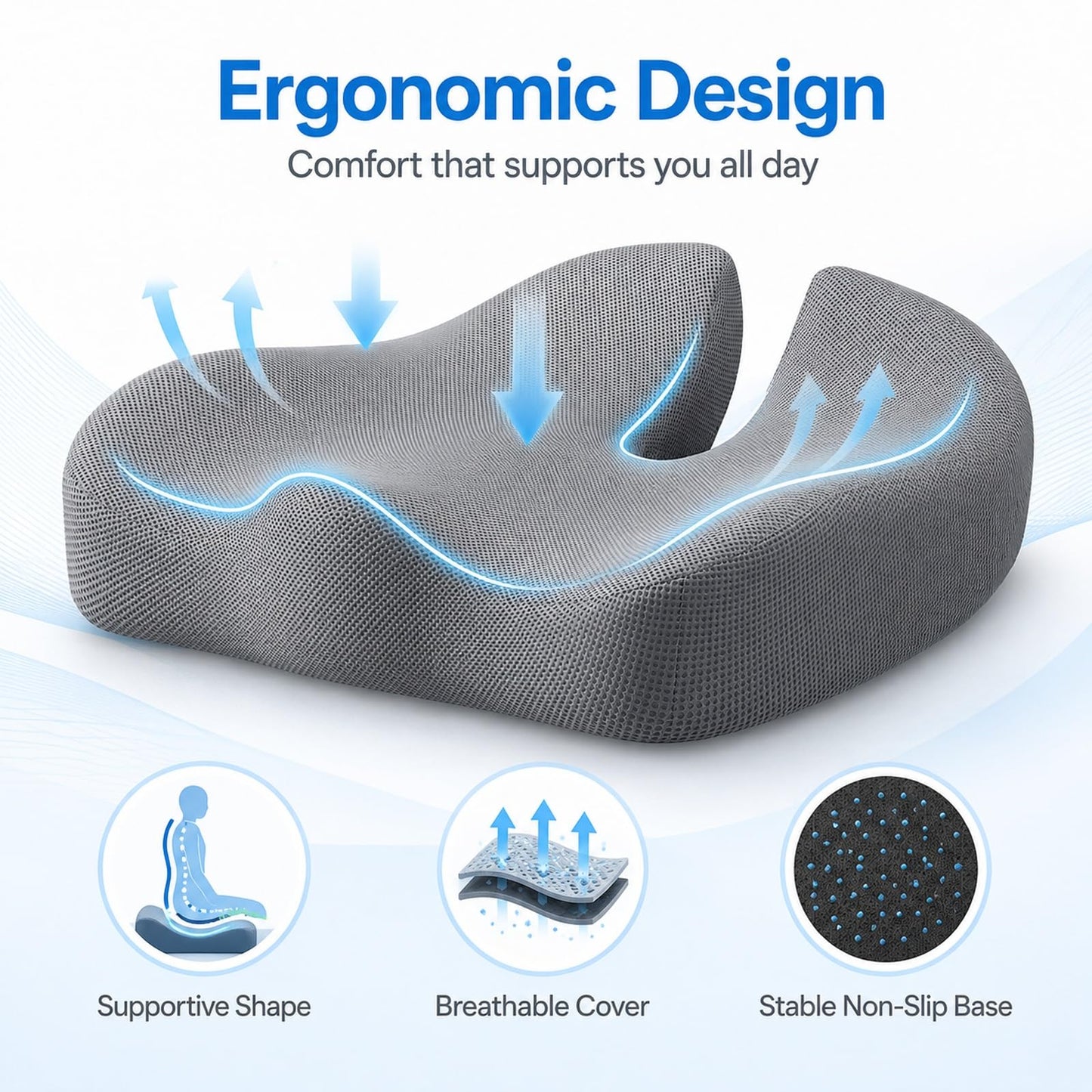 GOOGO Extra Large Coccyx Cushion, Ergonomic Memory Foam Seat Cushion for Tailbone Pain Relief, with Contoured Support