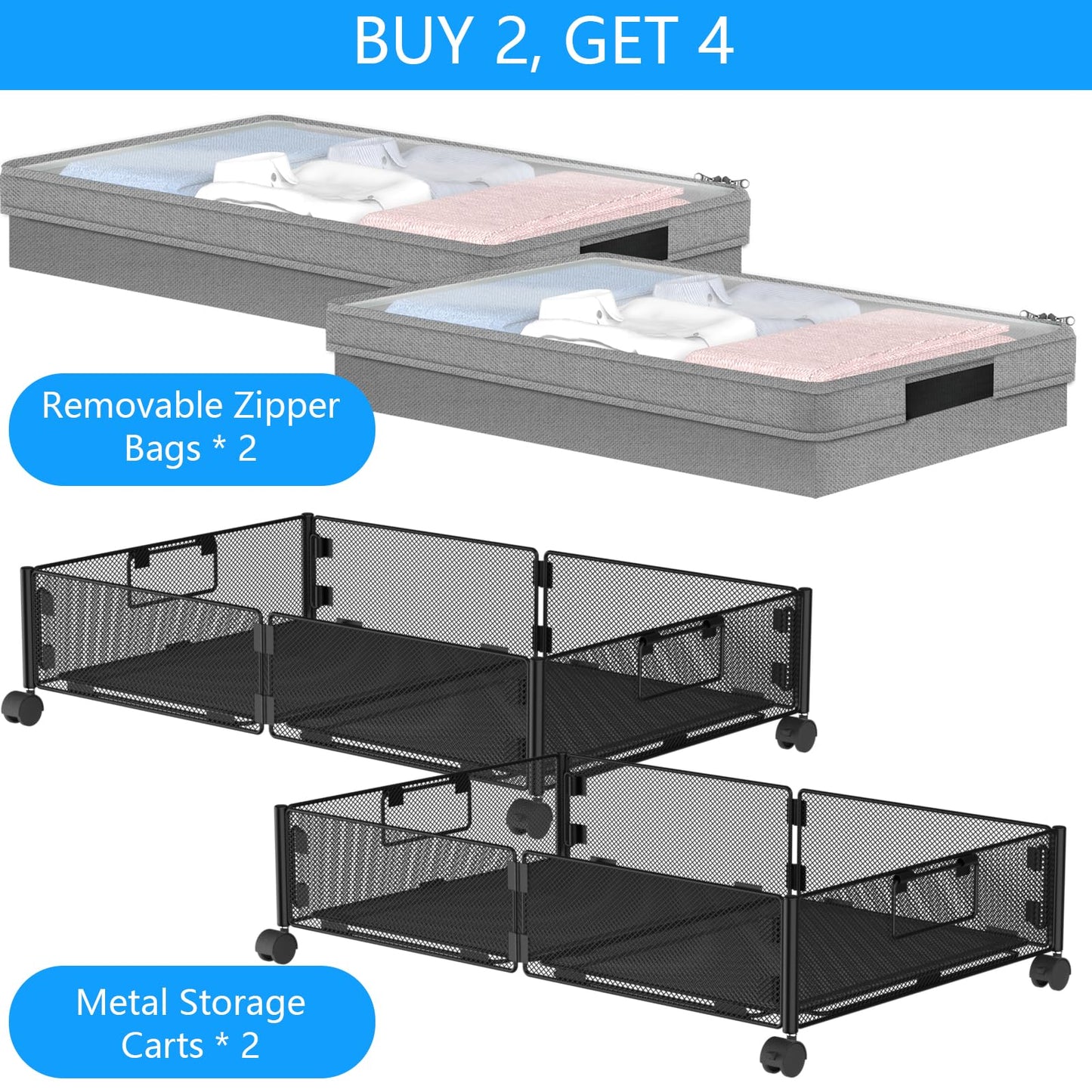 VyGrow Metal Under Bed Storage Containers 2Pack, Rectangular with Wheels & Removable Dust Bags, 24"L x 15.8"W x 5.9"H, 26L Capacity Each