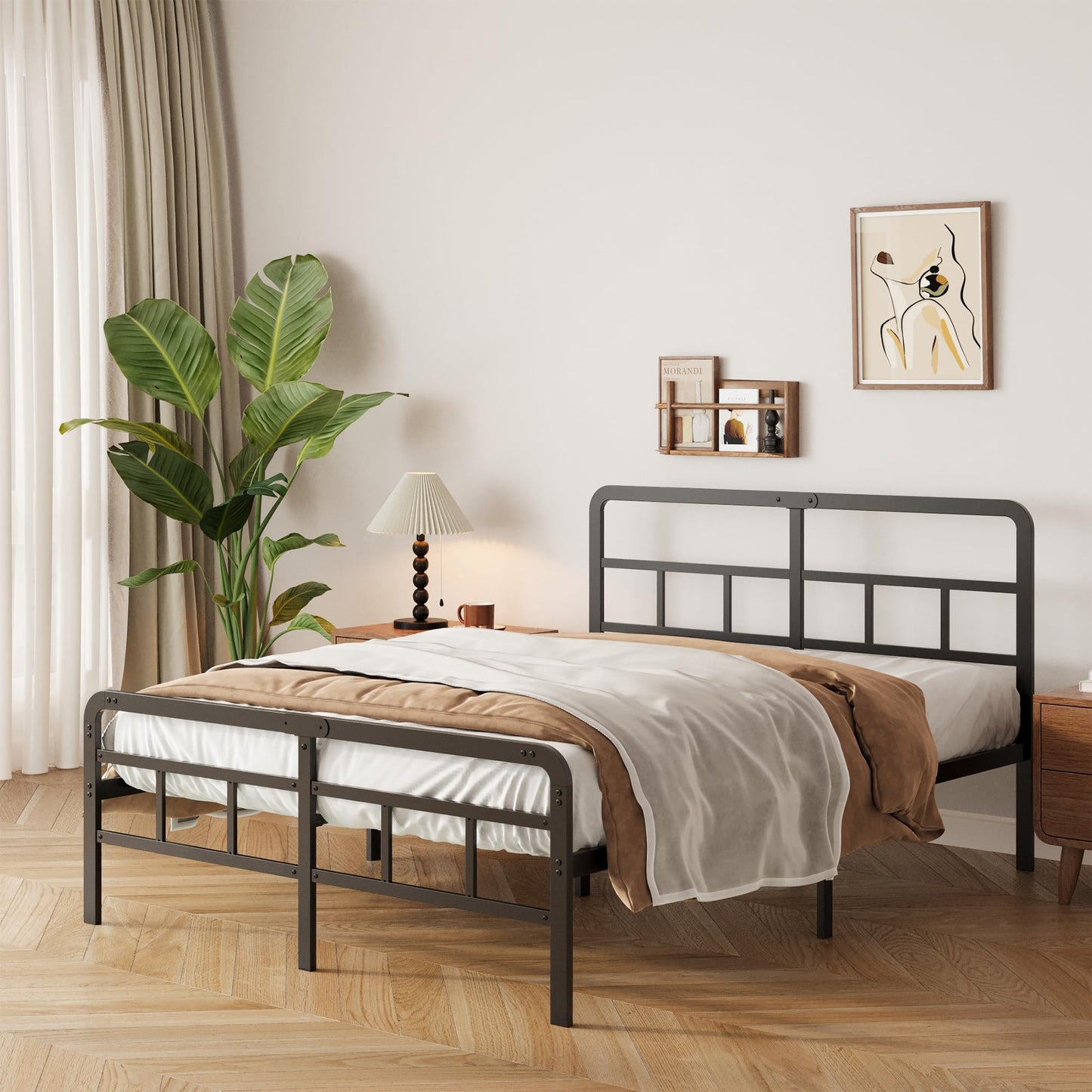Yicensen King Size Bed Frame with Curved Headboard and Footboard 150x200 cm, Black King Size Platform Bed with Heavy Metal Slats for Stable Support,