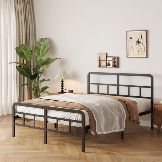 Yicensen King Size Bed Frame with Curved Headboard and Footboard 150x200 cm, Black King Size Platform Bed with Heavy Metal Slats for Stable Support,