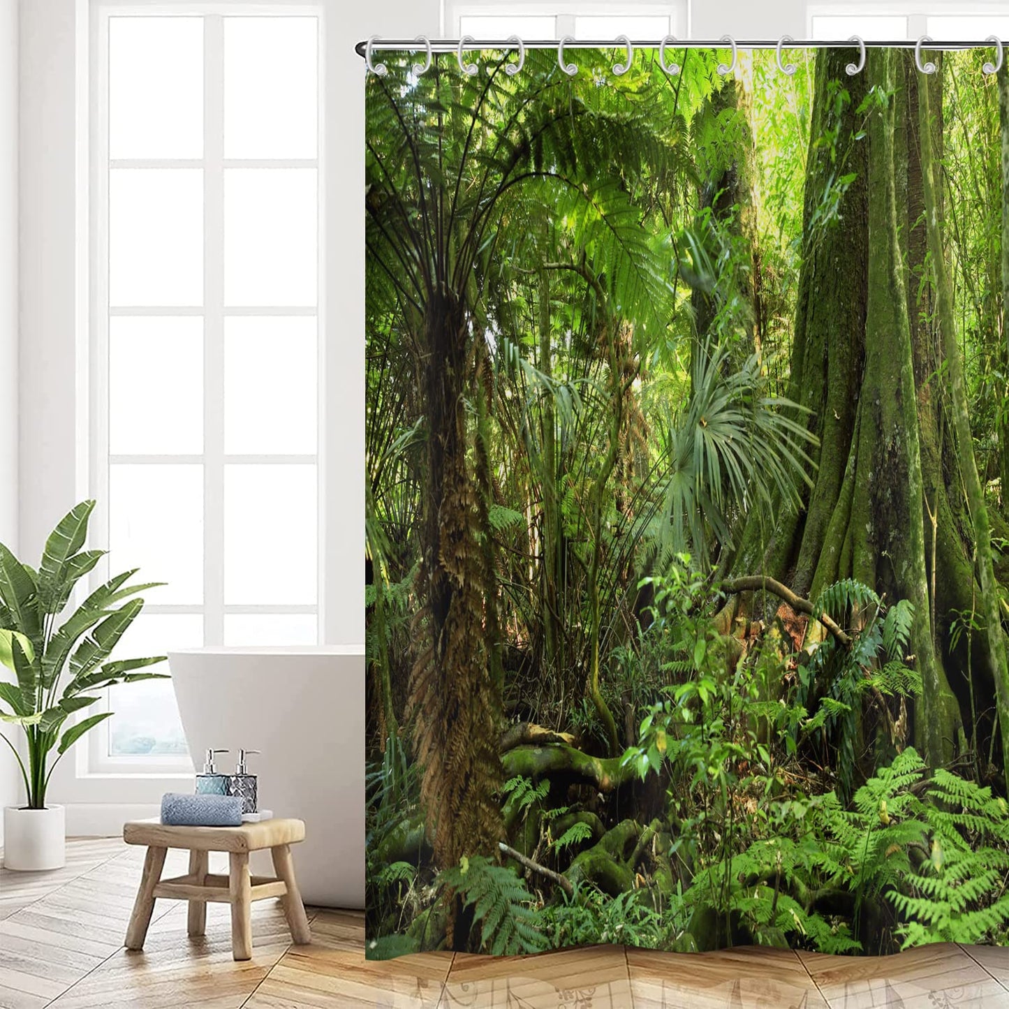 Forest Shower Curtain 180x220, Hnmdmyi Tropical Jungle Rainforest Green Tree Plant Nature Landscape Scenery Bathroom Curtains with Hooks Waterproof