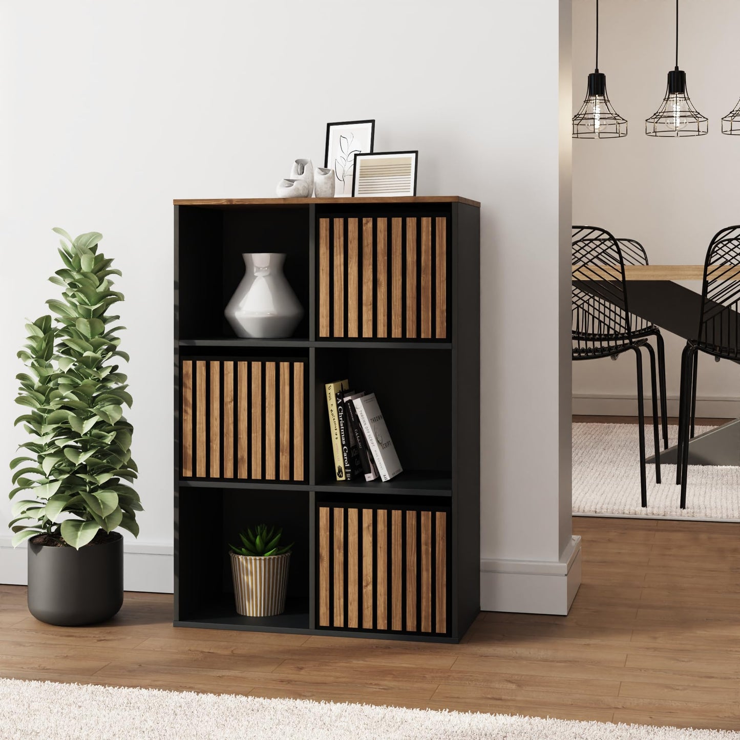 GFW Kube Cube Storage Unit with Open & Hidden Storage, Black & Walnut Effect Shelving Unit for Living Room, Bedroom or Office