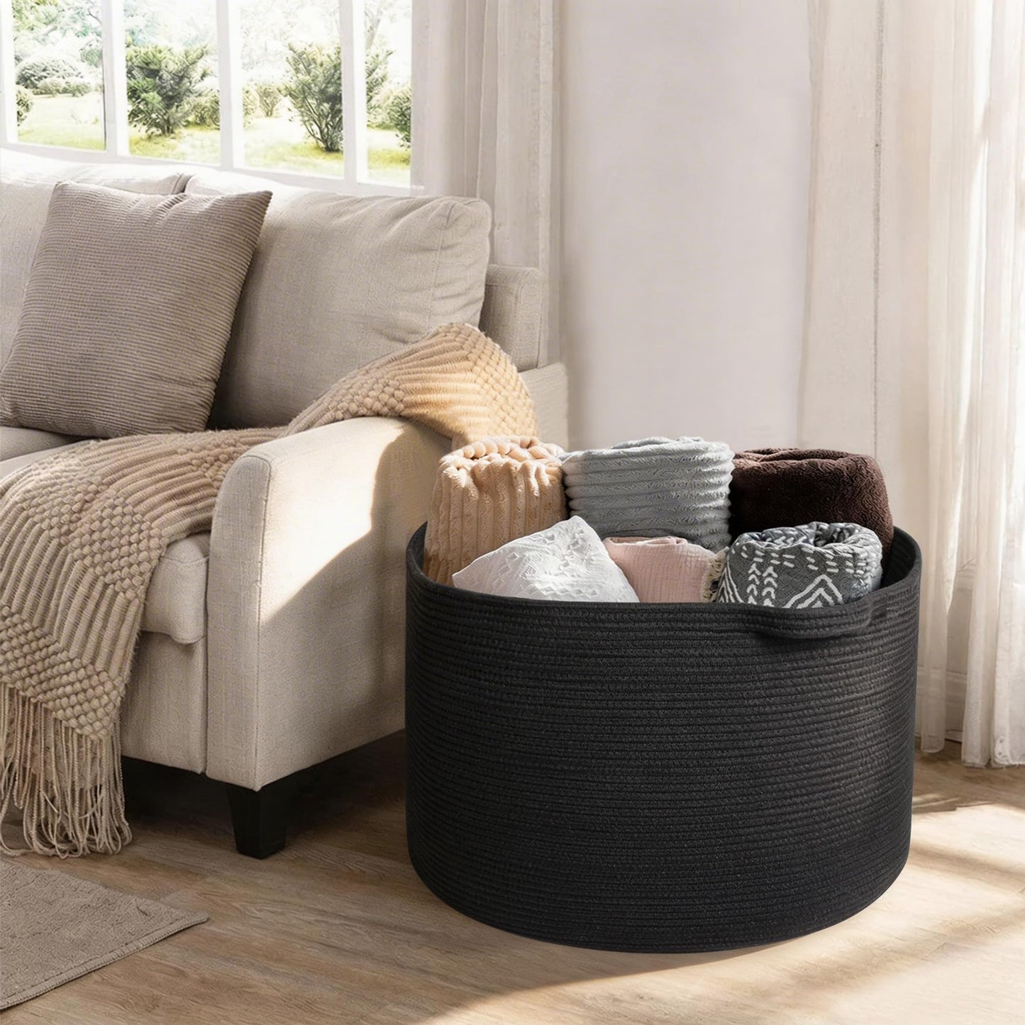 MEGASKET Large Black Blanket Basket, 22" X 22" X 14" Woven Rope Bin for Storage, Kids Dog Toy Storage Box Organizer Bins