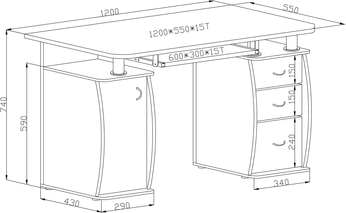 RayGar Black Deluxe Design Computer Desk With Cabinet and 3 Drawers For Home Office Table Workstation - New (Black)