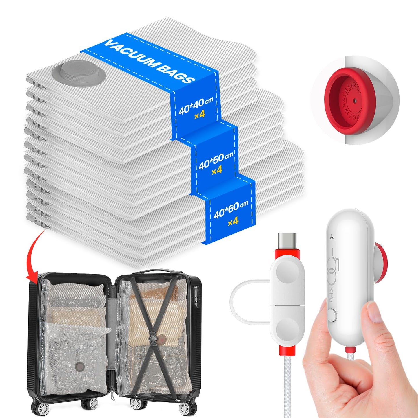 Vacbird Vacuum Storage Bags with Electric Pumps for Travel, 12 Pack