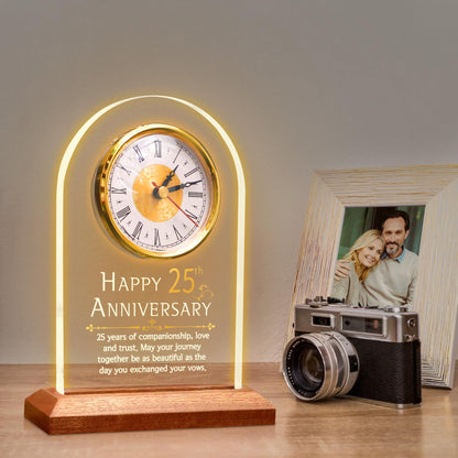 OkiyiD Light Up 25th Anniversary Wedding Gifts Quartz Clock with Wooden Base,25 Years Silver Wedding for Couple,Parents,Soft Warm White Lighting 25th