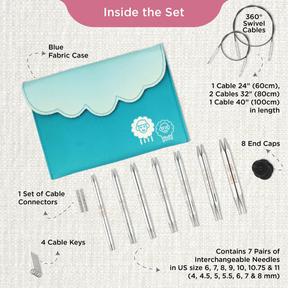 KnitPro Interchangeable Circular Knitting Needle Tips Deluxe Set - Nova Cubics (4.00-8.00mm), Silver