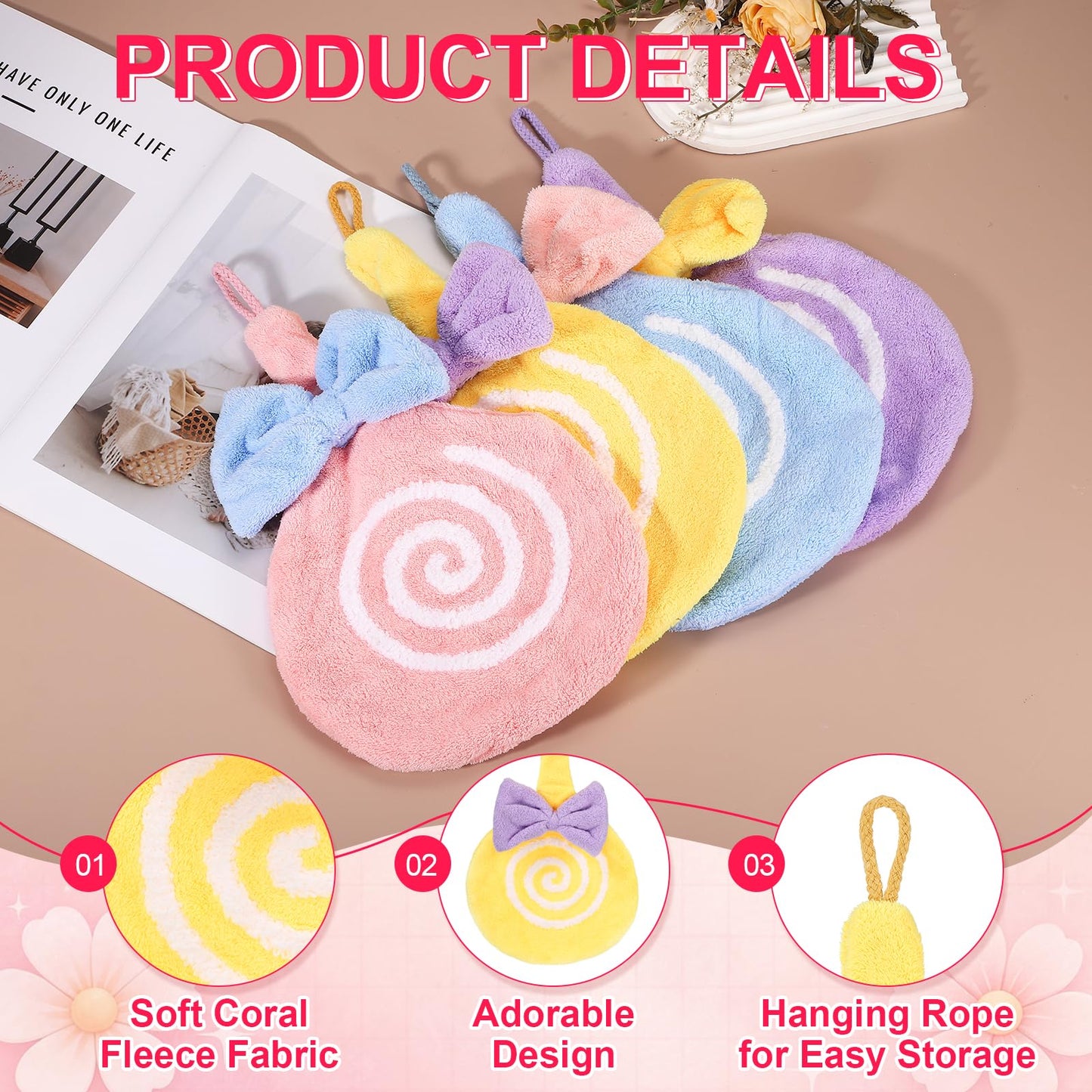sourcing map 2 Pcs Cute Hand Towels, Soft Coral Hanging Hand Towel with Hanging Loop, Lollipop Pattern, Highly Absorbent