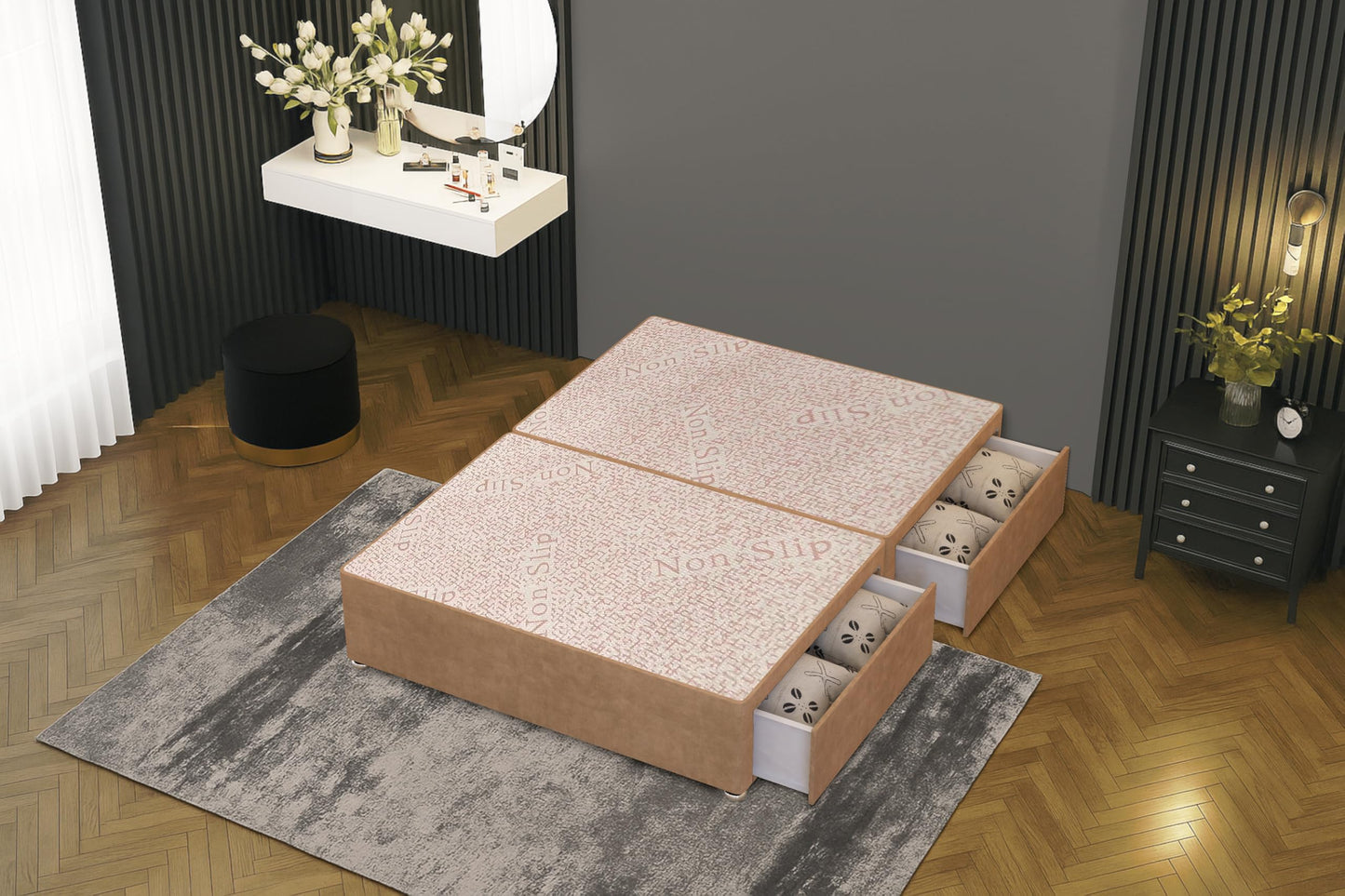 Bed Centre Flexby Divan Bed Base Only with 2 Drawers (Same Side), No Headboard - Available in 3FT, 4FT, 5FT & 6FT (3FT Single, Plush Beige Fabric)
