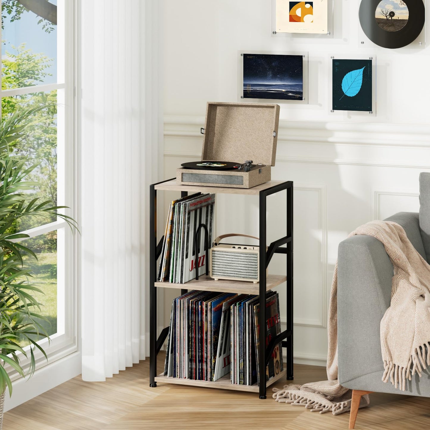 LOAKEKEL Record Player Stand, Vinyl Record Storage Hold Up to 200 Albums