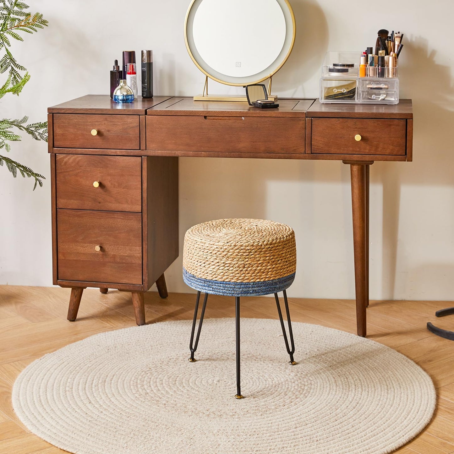 YMYNY Footstool Natural Seagrass Hand Weave, Vanity Makeup Stool, Pastoral Style Footrest, Padded Foot Rest with Metal Legs, Foot Rest Sofa Stool