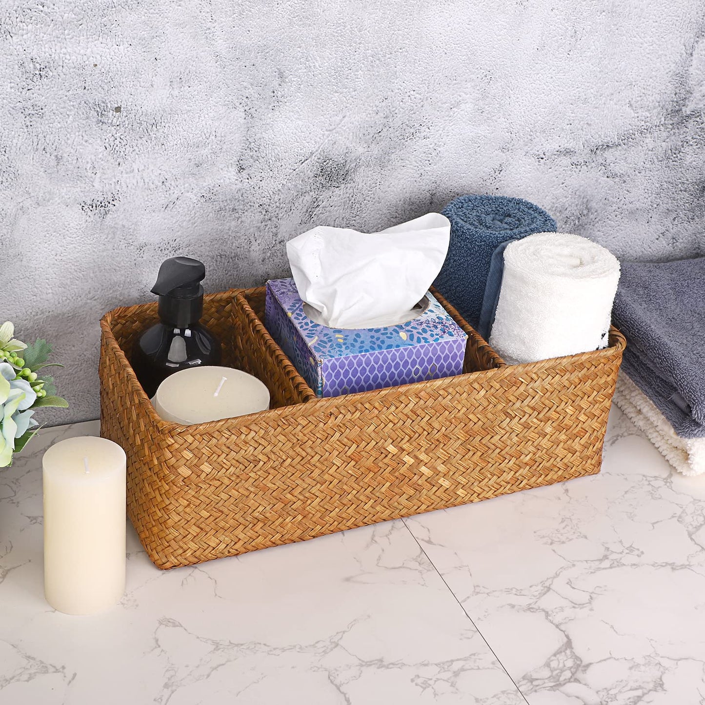 IGNPION 3-compartment Seagrass Storage Basket Woven Desktop Basket Rectangular Organiser Box Shelves & Desks Decorative Baskets for Sundries