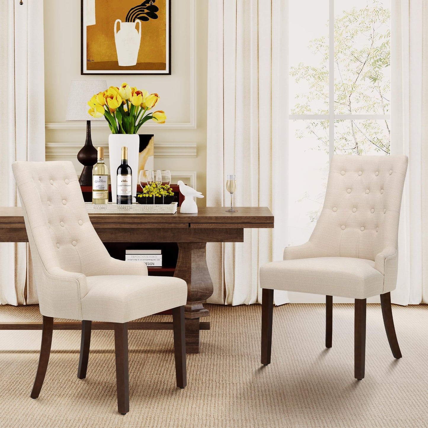 MALOL Upholstered Dining Chairs Set of 2, Wingback Dining Room Chairs with Tufted Button, High Back Kitchen Chairs with Solid Wood Legs