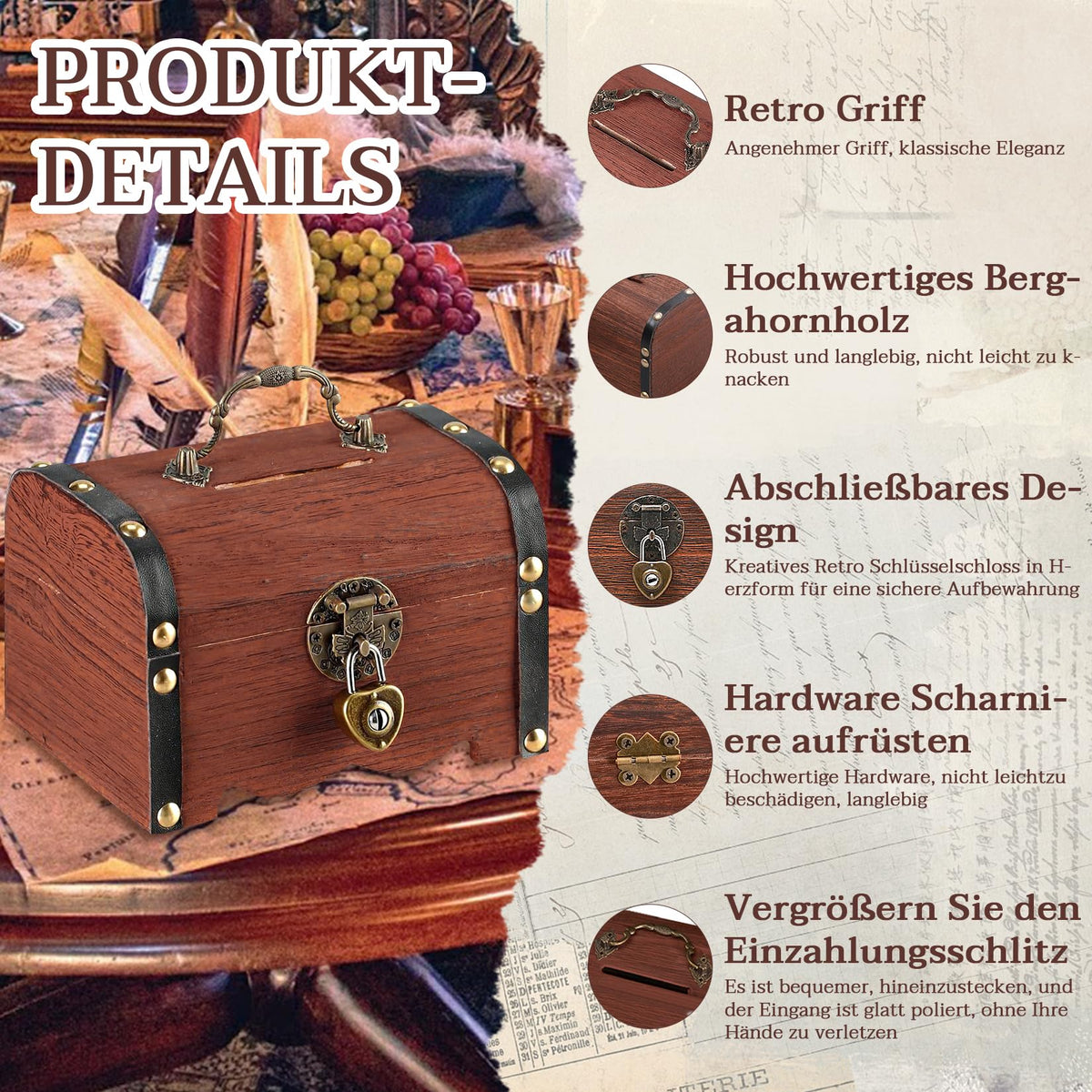 Forbabe Treasure Chest Wooden Brown Small Money Box with Lock 14.5 x 10.5 x 10.3 cm