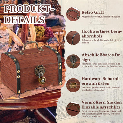 Forbabe Treasure Chest Wooden Brown Small Money Box with Lock 14.5 x 10.5 x 10.3 cm