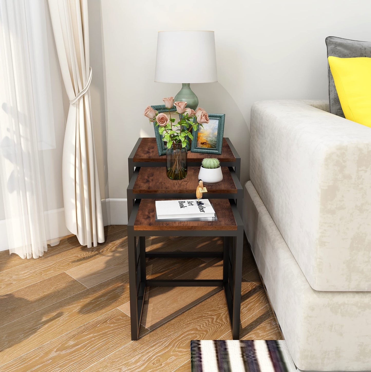 HAHRIR Nesting Coffee Table Set of 3, Stacking Metal Side Tables, Brown