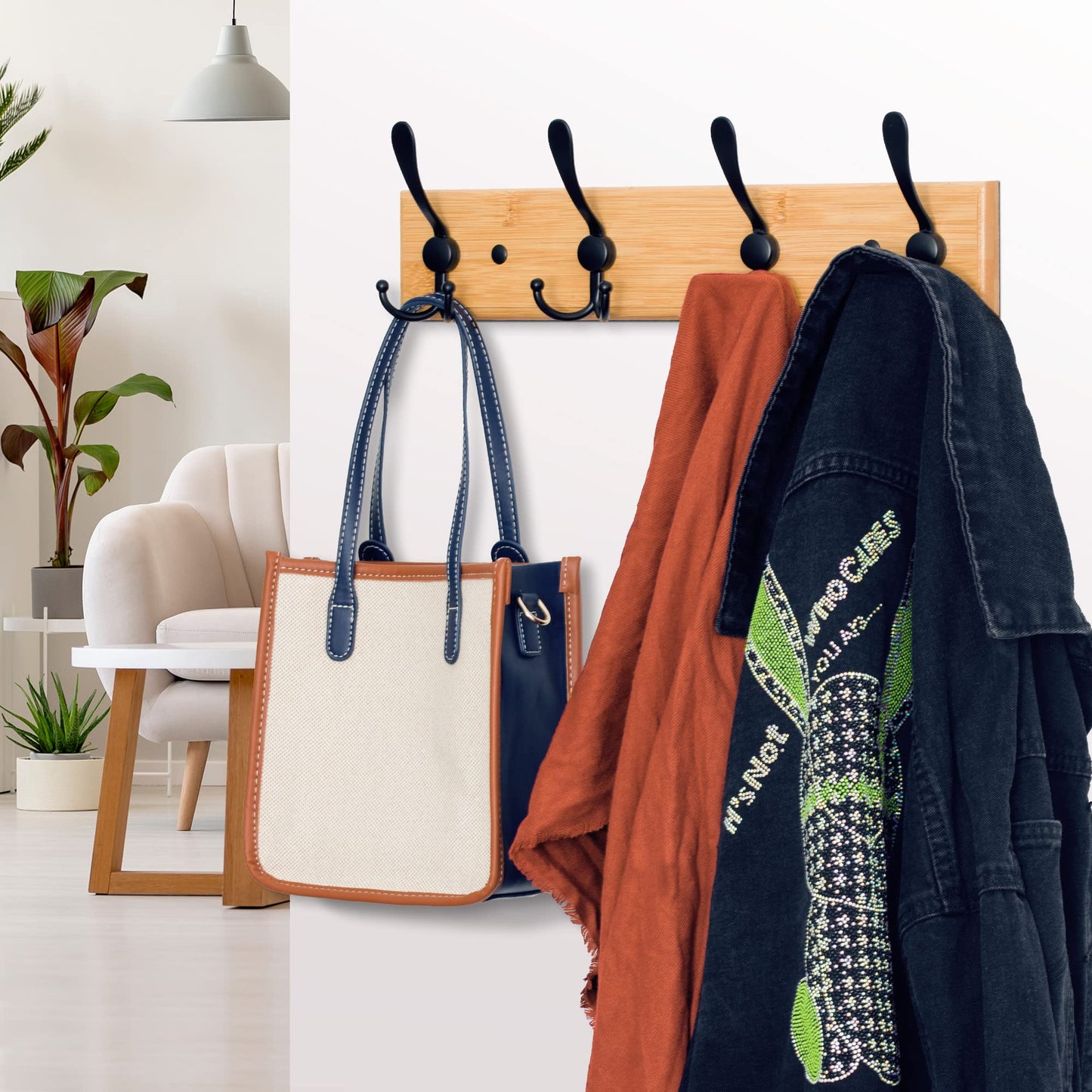 GlazieVault Bamboo Coat Hooks for Wall - Stainless Steel Coat Racks (2 Pack) - Heavy Duty Wooden Coat Hook Wall Mounted