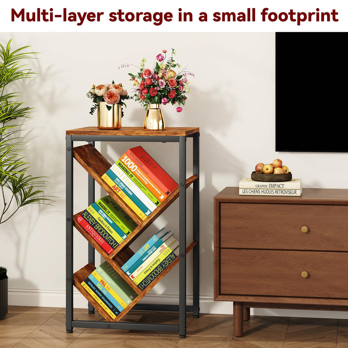 IBUYKE 5 Tier Tree Bookshelf,Small Desktop Bookshelf,Brown TBC003H