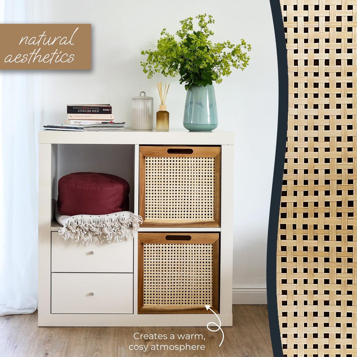 HMF Storage basket suitable for Kallax shelves, basket made of rattan with Viennese wicker and acacia wood, pattern 3, 32 x 34 x 32 cm