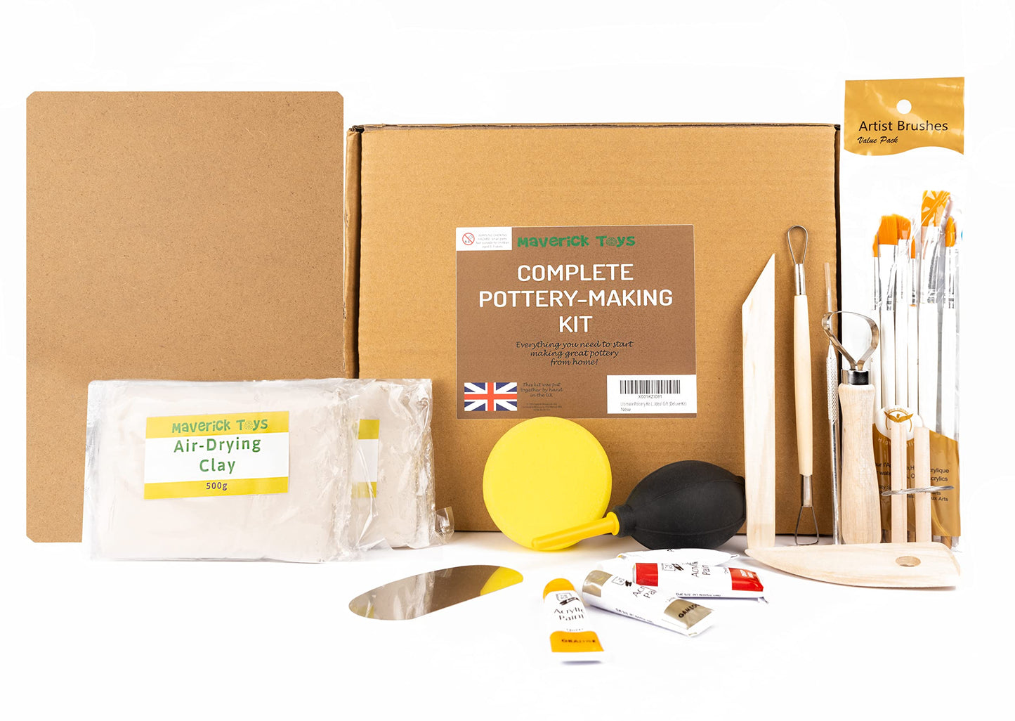 Maverick Toys Pottery Painting Kit - Air Drying Clay for Adults & Kids - Includes 1kg Clay, Tools, Paints, Brushes - Craft Kit for Home Use,