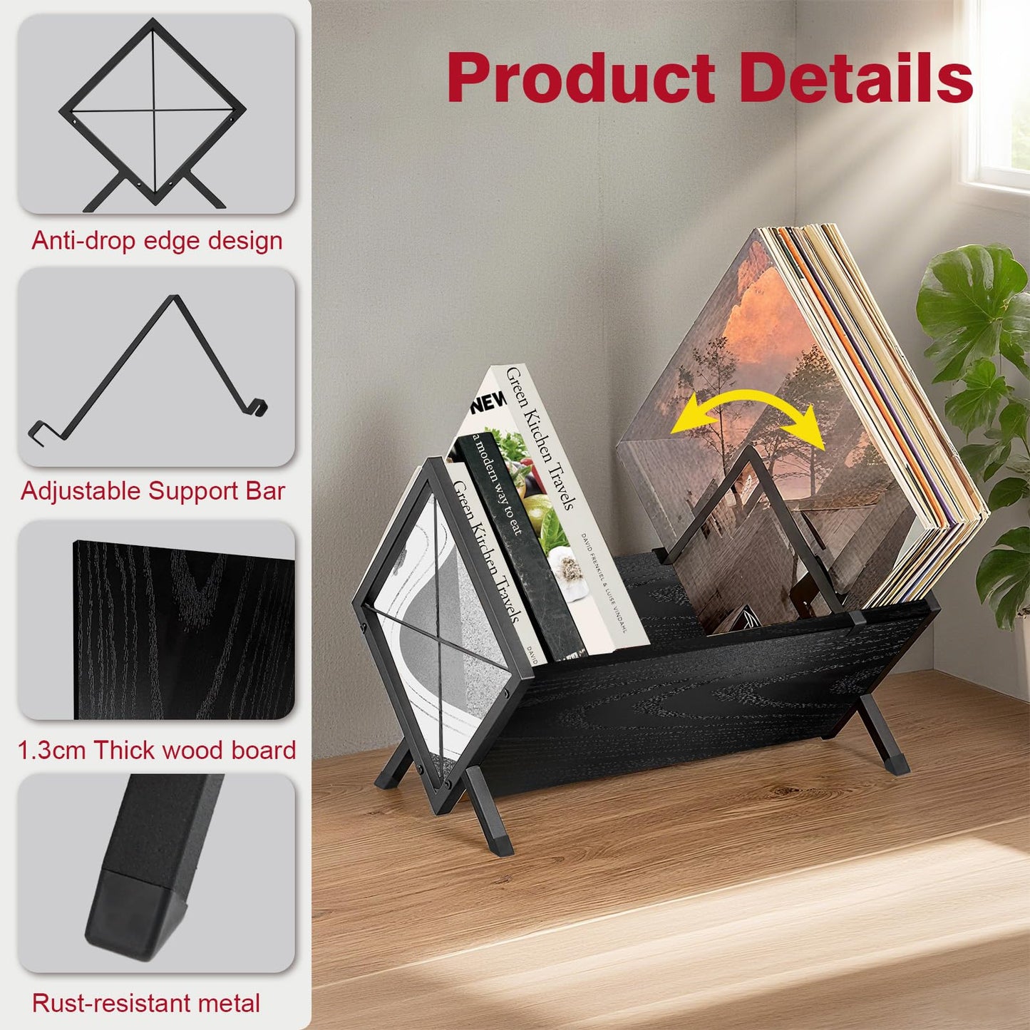 GHWMYD Vinyl Record Stand for 80-100 LPs, Metal Record Storage with Non-Slip Separator Clamp, Record Shelf Easy to Assemble, Black