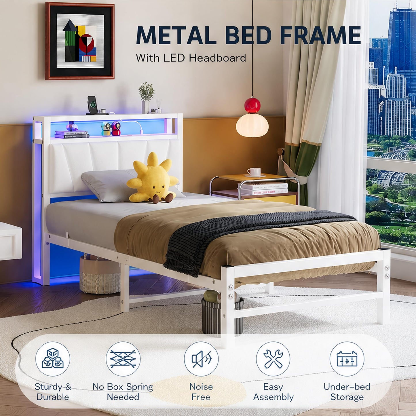 BORPHOM White Single Bed Frames with Storage Upholstered Headboard Shelf,Heavy Duty Metal Single Bed with LED Lights and Charging Station,Strong