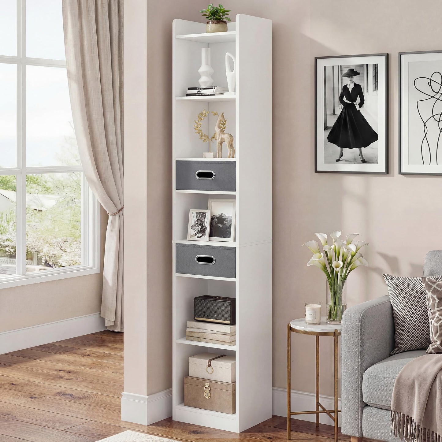 YITAHOME Tall Narrow Bookcase, Thin Corner 5-Tier Bookcase with 2 Fabric Drawers, Freestanding Display Shelf for Living Room, Bedroom, Office, White