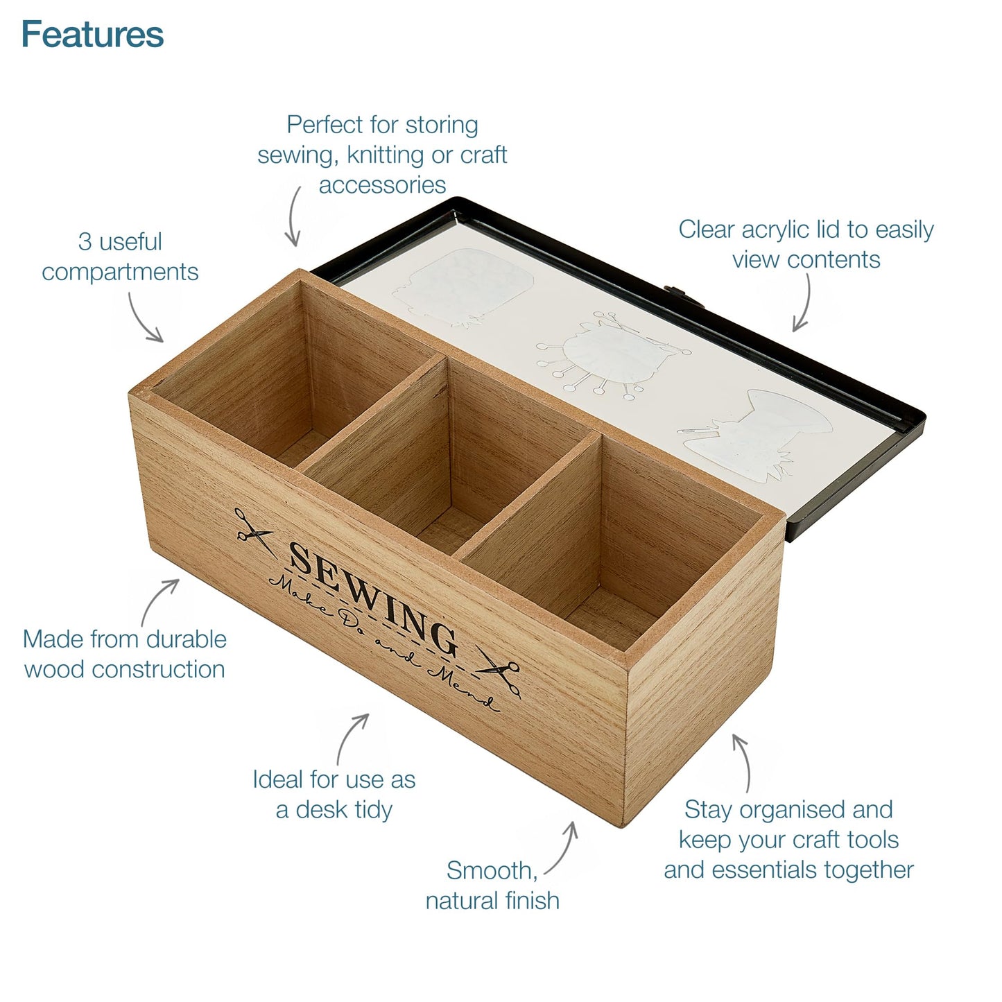 Trimits Wooden Sewing Box 24 x 10 x 9cm - Sewing Kit Box Craft Organiser with Clear Acrylic Lid and 3 Compartments