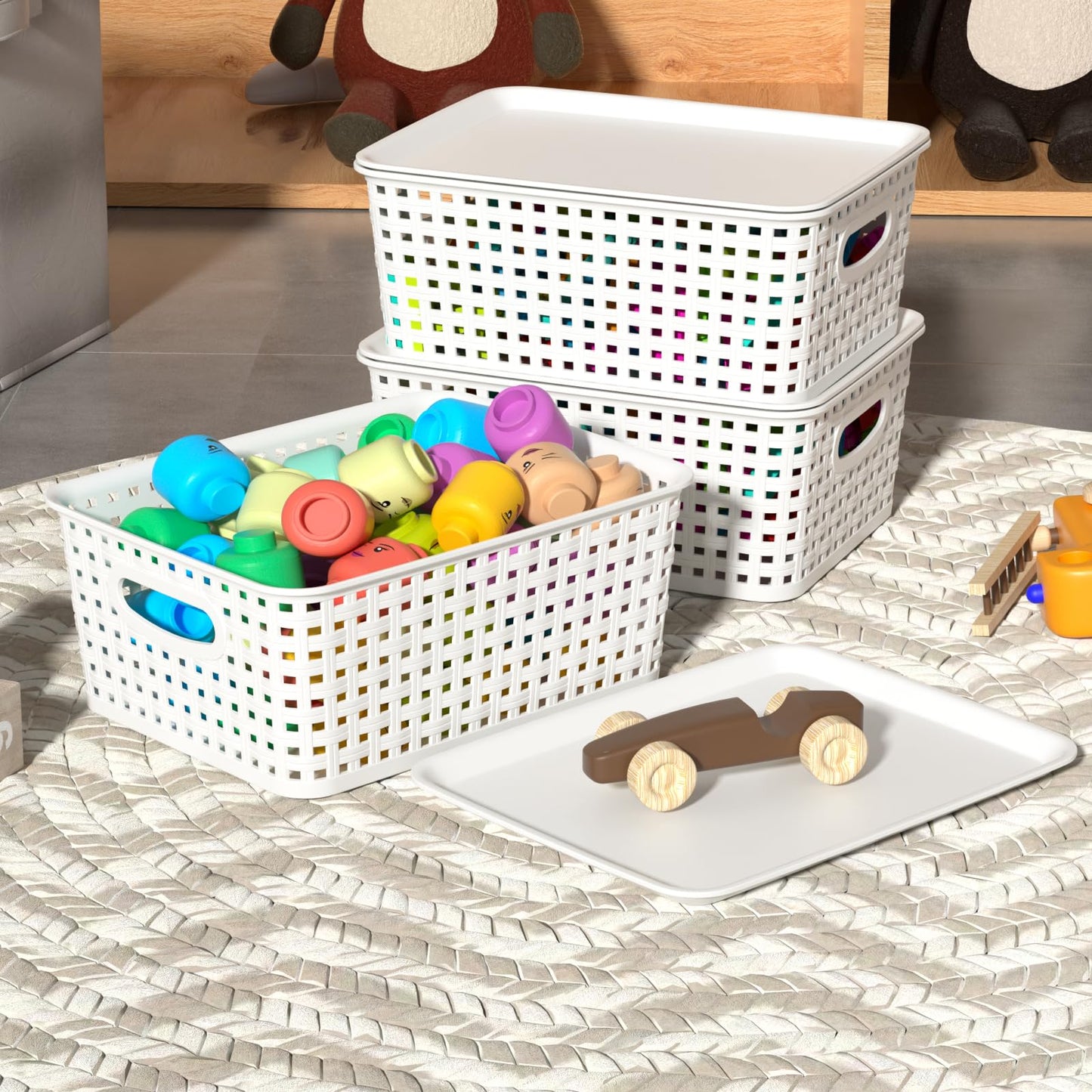 Wakikini Woven Plastic Storage Baskets with Lids, Small Weave Bins, White