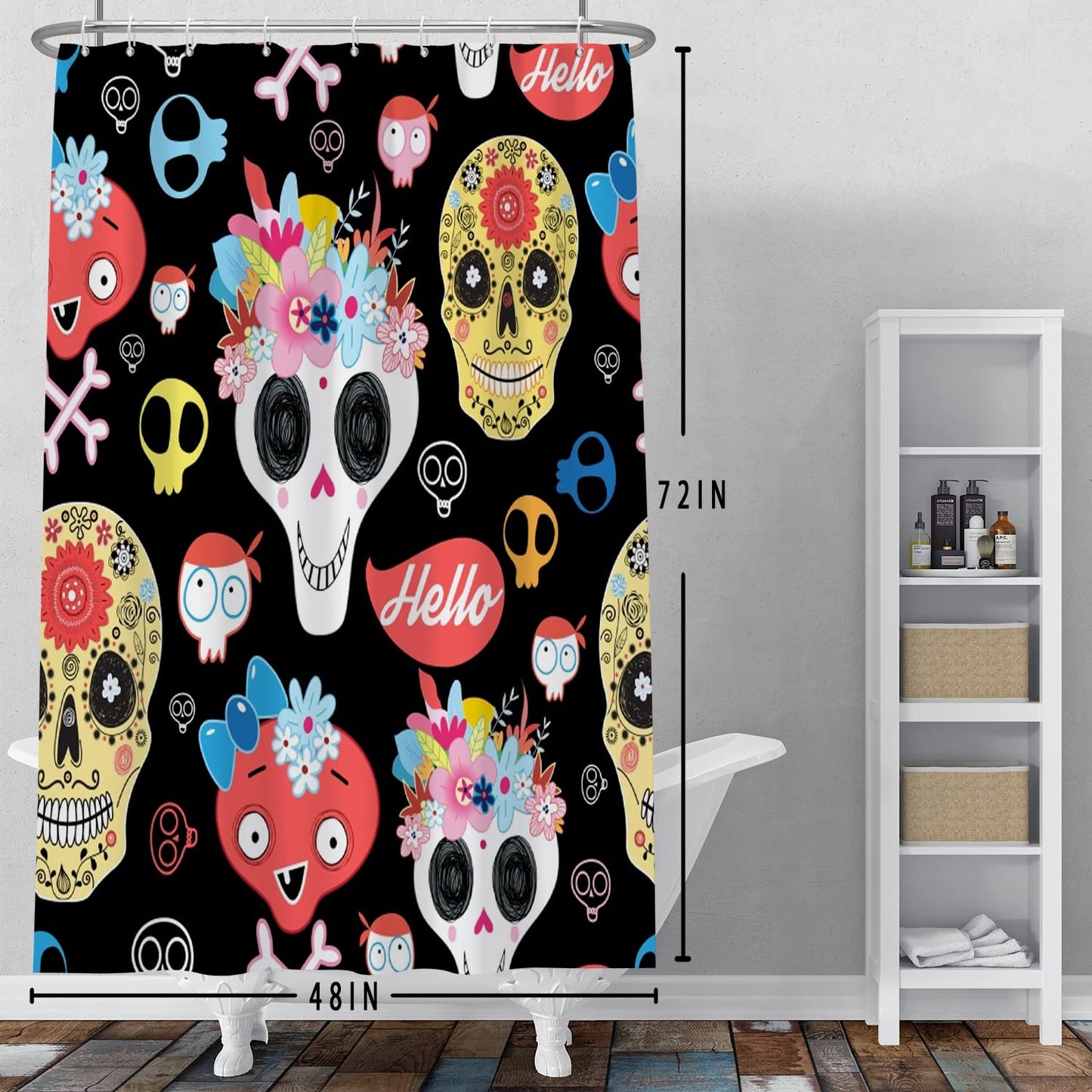 SDOTPMT 122x183cm Gothic Sugar Skull Shower Curtain Funny Cartoon Human Skeleton Flower Bath Curtain Day of The Dead Mexico Black Bathtub Curtain for